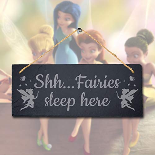 Stukk Meeting Place Hanging Sign Gift Garden Home Outdoor (Shhh Fairies Sleep Here), Natural Engraved Slate Stone Plaque - Image 2