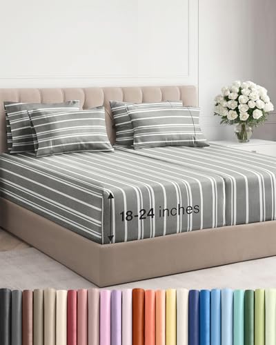 Image of Extra Deep Split King Sheet Set - 7 Piece Cooling Bed Sheets - Grey Stripes | Hotel Luxury Bed Sheets Set, Easy & Secure Fit, Ultra-Soft, Wrinkle & Fade Free, Comfy Sheets Set with Extra Deep Pockets