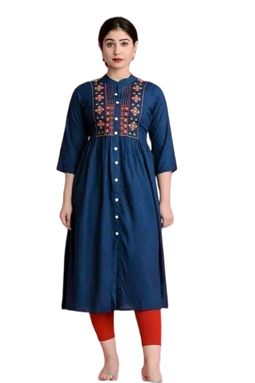 Raj Fashion Women's 3/4th Sleeves Rayon Solid Button Detailing Round Neck Printed Maxi Length Gown Royal Blue-picture-36