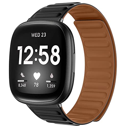 Fengyiyuda Bracelet Compatible avec Fitbit Versa 3, Bracelet à Fermoir Magnétique en Silicone pour Homme et Femme,Noir Cover