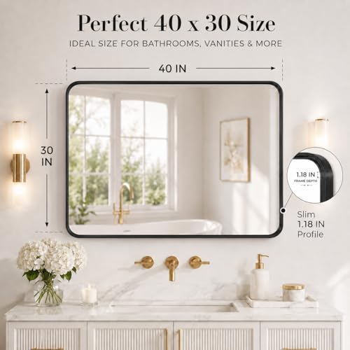 Image of 30 inchx40 inch Rounded Corners Black Bathroom Mirror - Metal Framed with HD Shatter-Proof Glass, Wall-Mounted for Over Sink, Entryway, Living Room, Bedroom