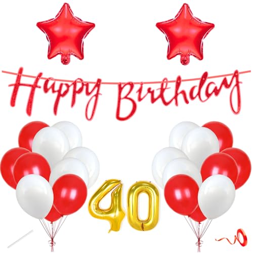 Image of Flyloons 40th Happy Birthday Decoration Kit Red White for Boys Girls Men Women Adults With 20 Pcs Metallic Balloons Birthday Banner 2 Pcs Star Items Set