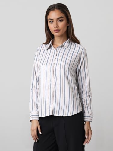 Image of Style Quotient Women Beige White Stripe Printed Formal Shirt