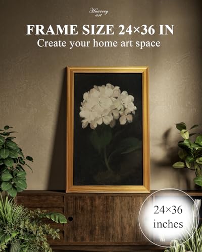 Image of HUARCEY Gold Framed Vintage Wall Art for Living Room, Flowers Painting Canvas Print Shelf Decor for Kitchen, Aesthetic Bedroom Wall Art, Christmas Gifts for Friends or Family (White Hydrangea 24 inchx36 inch)