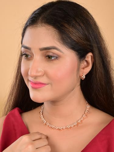 Image of Nilu's Collection Rose Gold Plated | American Diamond Stone Studded | Anti Tarnish Jewellery Set for Women and Girls | Matching Earrings | Perfect for Weddings and Special Occasions (Style 3)