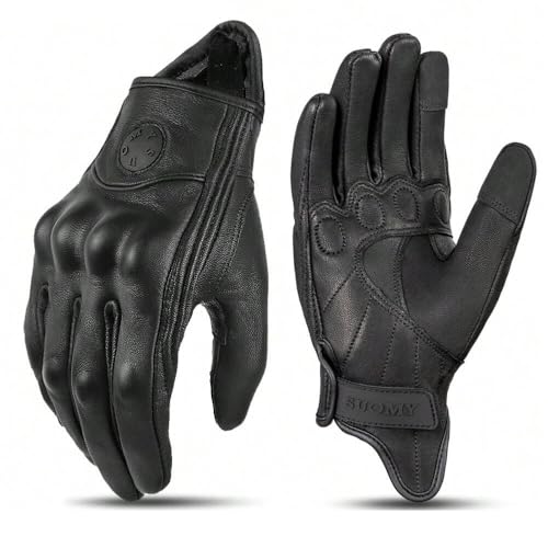 Gants de Moto en Cuir de Chèvre Noir Rétro Cuir PU Compatible Écran Tactile Tissu Non Tissé Durable pour Hommes et Femmes - All Season Moto Riding Gear (Noir, XL)