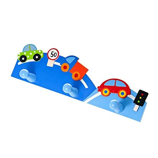 Mousehouse Gifts Triple Gancho Perchero de Pared la Ropa en Tonos Azules y Decorado con Coches para la habitación de los niños