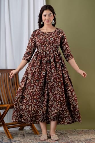 Image of Women's Maternity Feeding Dresses for Women, Easy Breastfeeding Dress, Cotton Blend Anarkali Dress with Nursing Zip for Pre & Post Pregnancy