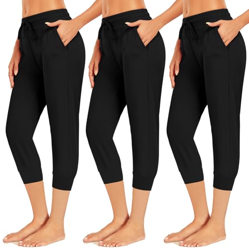 NEW YOUNG 3 Pack Capri Sweatpants for Women-Women's Joggers with Pockets Workout Yoga Pants Athletic Leggings