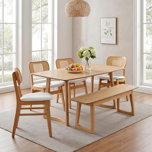 Image of HNY 63 inch Rectangular Wooden Dining Table with Bench, Farmhouse Dining Table Set for 4-6 People, Kitchen Table with Bench, Kitchen Table Set for Living Room /Restaurant, Oak