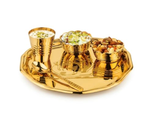 Best Puja Thali Sets: Stainless Steel vs Brass 30 KHR Brass Pooja Thali Set for Bhog, 5 Pcs (1 Thali, 2 Katori, 1 G...