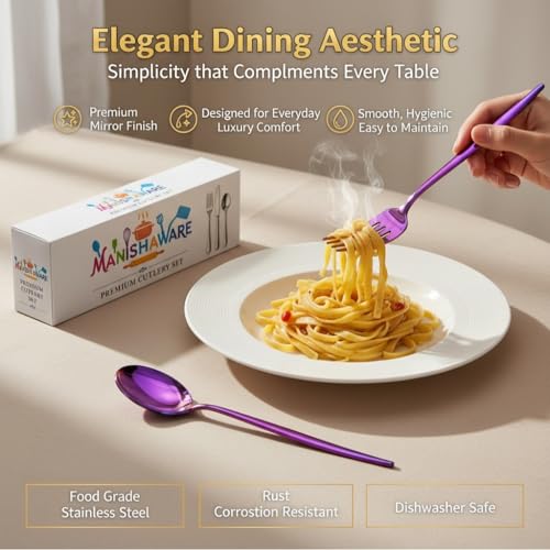 Image of Classic Pink 24 Pcs Stainless Steel Cutlery Set for Dining Table, Dishwasher Safe Glossy Flatware (Perfect Spoon Fork Set)