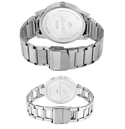 ADAMO Stainless Steel Couple Combo White Dial Men's & Women's Analog Watch A814Sm01-2480Sm01, -Silver-White, Classic