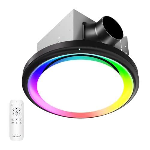 Image of Akicon Bathroom Exhaust Fan with Light & Humidity Sensor, 110 CFM 1.5 Sones Vent Fan with RGB Light, 3CCT Dimmable & Nightlight for Shower Room, Round, Black, No Wall Switch Required