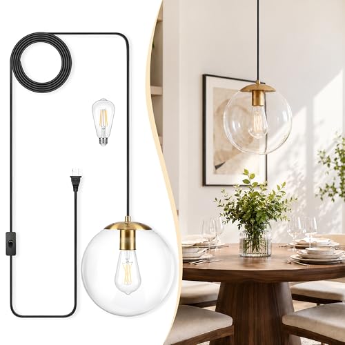 KoKo&Yukina 10" Globe Pendant Light Gold Plug in Pendant Light Adjustable Hanging Lights with Plug in Cord Brushed Gold Finished with Clear Glass Lampshade for Bedroom Kitchen Island（Bulb Included）