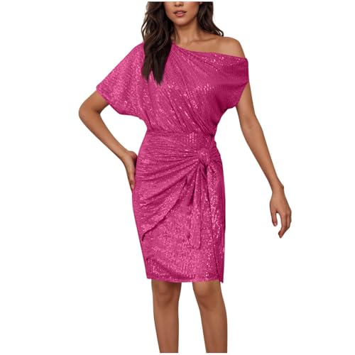 One Shoulder Sequin Dress for Women Sparkly Bodycon Cocktail Knot Party Dresses Ruched Fashion Formal Evening Gowns S-2XL Hot Pink