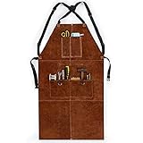 YESWELDER Leather Welding Work Shop Apron with 6 Pockets Heat Flame Resistant Cowhide Welder Apron H