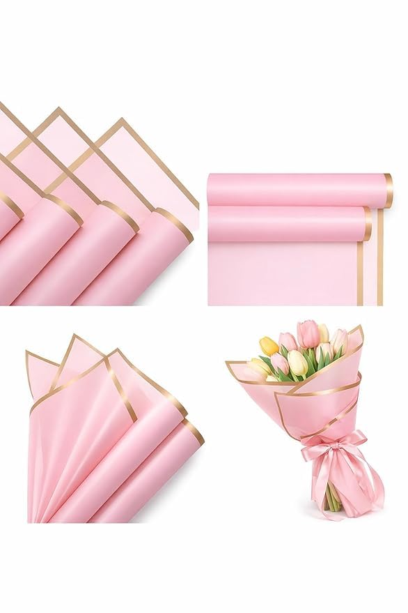 KAMAK 5 Sheets Korean Style Waterproof Premium Bouquet Wrapping Sheet (58cm x 58cm) | Golden Border Line Flower Wrapping Paper | Waterproof and Thick, elegant packaging for bouquet, and Gift Wrap - Pink-picture-13