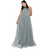 Maya Deluxe Damen Evening Sequins Cocktail Women's Tulle Halter Neck Evening Elegant for Weddi Bridesmaid Dress, Misty Green, 38 EU