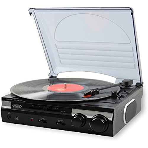 Jensen JTA-230 3 Speed Stereo Turntable with Built in Speakers, Aux in, Vinyl to MP3 Converting/Encoding, Black