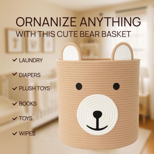 Image of Baby Laundry Basket, Bear Basket, Baby Shower Baskets, Bear Gift Baskets for Kids, Nursery, Toy Storage, Cotton Rope Hamper with Handles (Light Brown, 13 inch D x 15 inch H)