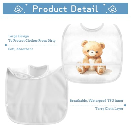 MCHIVER Bear Brown Baby Bibs for tag1 Waterproof Feeding Bib Apron with Food Cather Adjustable Cotton Food Eating Bib 2 Pack3