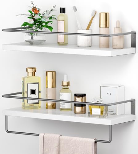 White Floating Shelves with Dark Grey Towel Rack - Set of 2 Wall ...