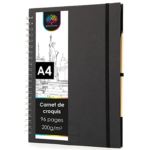 OfficeTree Cahier de Dessin Spirale A4-96 Pages 200g Papier Blanc - Format Vertical - Sketchbook - Carnet de Dessin - Carnet de Croquis - Cahier Dessin A4...