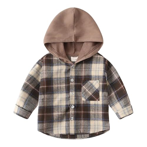 Toddler Shacket Plaid Flannel Hooded Shirts Boys Girls Long Sleeve Button Jacket with Pocket Fall Winter Vintage Trendy Coat