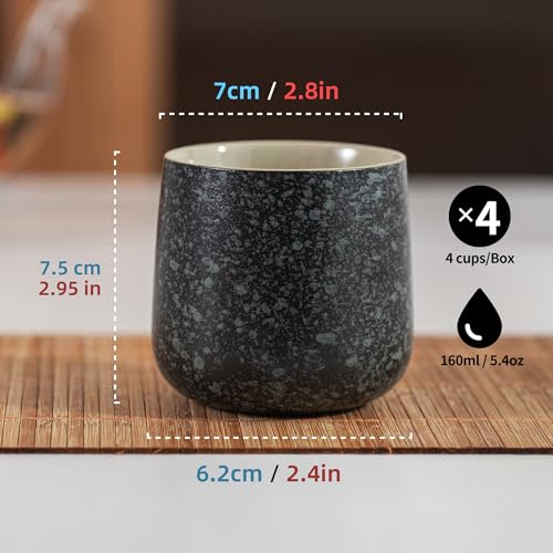 Image of TEANAGOO Japanese Tea Cups Set of 4pcs, 6.9oz /205ml Elegant Ceramic Matcha Cups with Flat Base, Charcoal Black Handleless Coffee Mugs, Microwave & Dishwasher Safe, Beautiful Gift Box