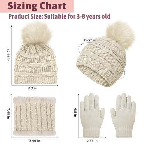 Image of Kids Winter Beanie Hat Scarf Gloves Set for 3-8 Years Old Boys Girls, Thick Warm Knitted Hat Gloves Fleece Lined Scarf Set