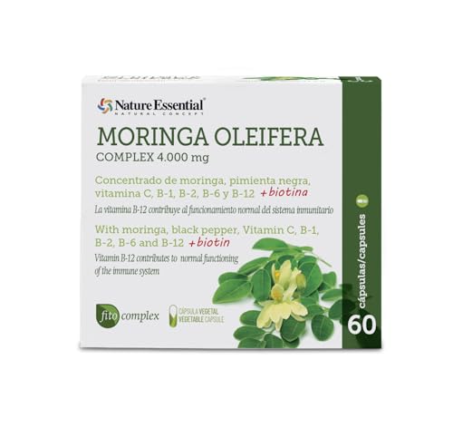 Nature Essential | Moringa Oleifera Complex 4000 mg | 60 Cápsulas | Extracto Seco | 95% Piperina | Concentrado de Moringa, Pimienta Negra, Vitamina C, B1, B2, B6 y B12 + Biotina