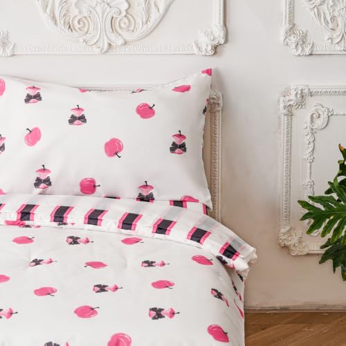 Image of KAREVER Stripes Toddler Bedding Set Pink Apple Print 4 Pieces Crib Bed Set Kids White Pink Striped Comforter Set