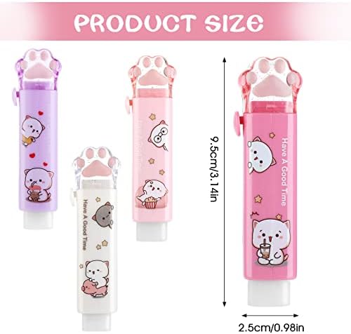 cobee Cute Cat Paw Erasers, 4 Pcs Retractable Cartoon Eraser for Kids Kawaii Push-Pull Rubber Pencil Eraser Pen-Style Erasers for Writing Drawing Office School Supplies(4 Colors)