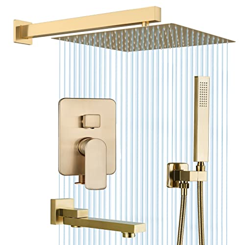 Cesinkin Ensemble de douche encastrable doré brossé,12" Système de douche,3 fonctions mitigeur de douche,avec pommeau de douche,en laiton Kit Douche Encastrable Plafond Cover