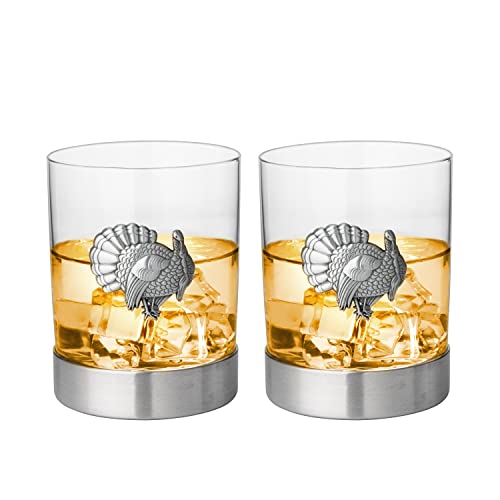 Set of 2 Turkey Whiskey Glasses with Pewter Badge – Old Fashioned Glasses for Bourbon, Rum, Brandy or Scotch – Pheasant and Quail Hunting Gift for Men or Women – Everyday & Thanksgiving Barware – 11oz