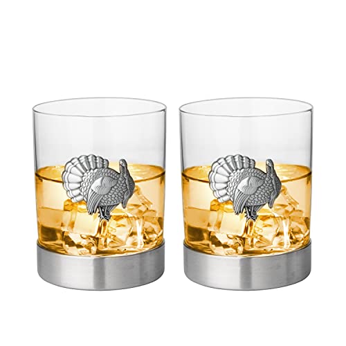 The Wine Savant Turkey Whiskey Glasses Set of 2, Old Fashioned Whiskey, Rum, Brandy, Scotch Glasses, Elegant Badge, Thanksgiving 11 OZ, Gifts for Men, Women, Pheasant Quail Hunting Gifts Glass