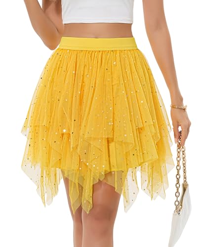 Lovasy Pailletten Rock Damen Kurz Tüllrock Schwarz High Low Layered Faltenrock Unregelmäßiger Puffy Fee Party Prom Rock Tutu Röcke Gelb S-M