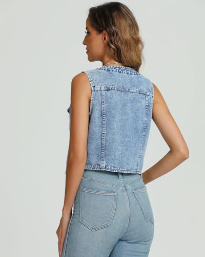 Kedera Women's V Neck Denim Vest Asymmetrical Hem Sleeveless Button Front Jean Vests Crop Tops with Pockets4