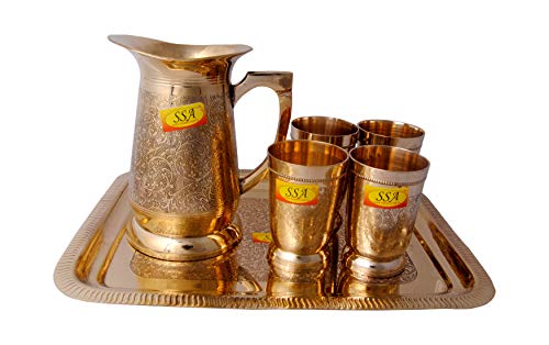 Shiv Shakti Arts® Designer Pure Brass Jug Glass & Tray – Luxury Drinkware Set- Hotelware, Dinnerware, Servware(Embossed Etching Design – Diameter – 40.3 CM)
