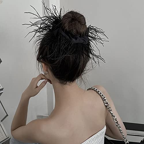 Scrunchies 1Pc Feather Hair Rope Retro Large Intestine Hair Ring Elastic Satin Female Hair Ties Creative Head Rope Headwear Hair Accessories(Black) #TOP2