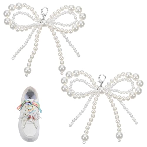 2 Pcs Pearl Bow Shoe Charms for Sneakers, Aesthetic Bowknot Keychain Elegant Buckle Pearl Beaded Chain Shoe Charms Shoelace Jewelry Decoration Accessories