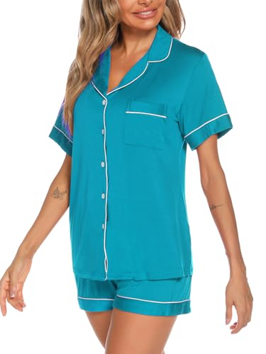 Image of Aamikast Button Up Pajama Set for Women Shorts Short Sleeve Knit Sleepwear 2 Pice Pjs Sets