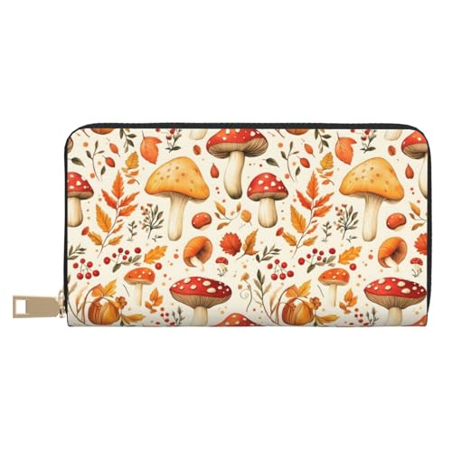 Leather Thin Slim Wallets for Women & Men - Mushroom Maple Leaves Print Card Wallet Holder with Zipper