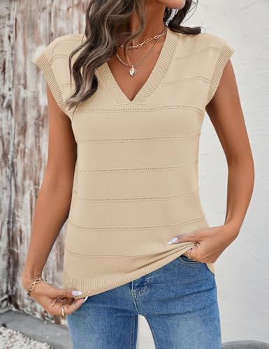 Image of AKEWEI Sweater Vest Women Sleeveless Knitted V Neck Cap Sleeve Pullover Tank Tops 2025 Summer Fall Fashion Causal Trendy
