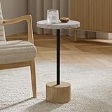 Stead Round Metal Drink Table, Pedestal Drink Desk, Modern Home, Bedroom, and Living Room Furniture, Small Metal Side Table with Cylindrical Light Brown Base, Pedestal Desk (Faux Marble Top)