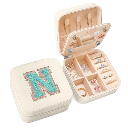 SANDJEST Personalized Jewelry Box, White Travel Jewelry Box with Initial N, Small Monogrammed Jewelry Case Organizer for Girls Women Teen Kids, Mini Travel Essentials Gifts for Birthday Christmas