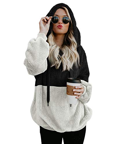 Douremifa Long Sleeve Faux Fur Hoodie Coat for Women Plus Size 1/4 Zip Sweatshirt Jacket Sherpa Pullovers Autumn Basic Tops Pockets Black White XL