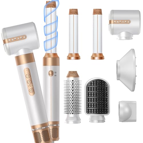 Blow Dryer Brush 7 in ONE，Autowrap Curling Wand, 110,000 RPM High-Speed Negative Ionic Hair Dryer with Diffuser Concentrator, Round Brush Blow Dryer Air Styler, Volumizing Hair Styling Tools