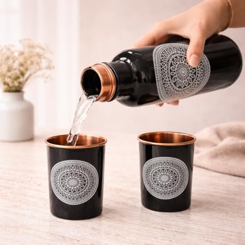 Image of JAIPUR ACE Black Copper Water Bottle with Glass Set 100% Pure Copper Mandala Design Leak Proof Anti Slip Ayurvedic Drinking Bottle Set for Home Office Kitchen Gifting Premium Copper Bottle Set